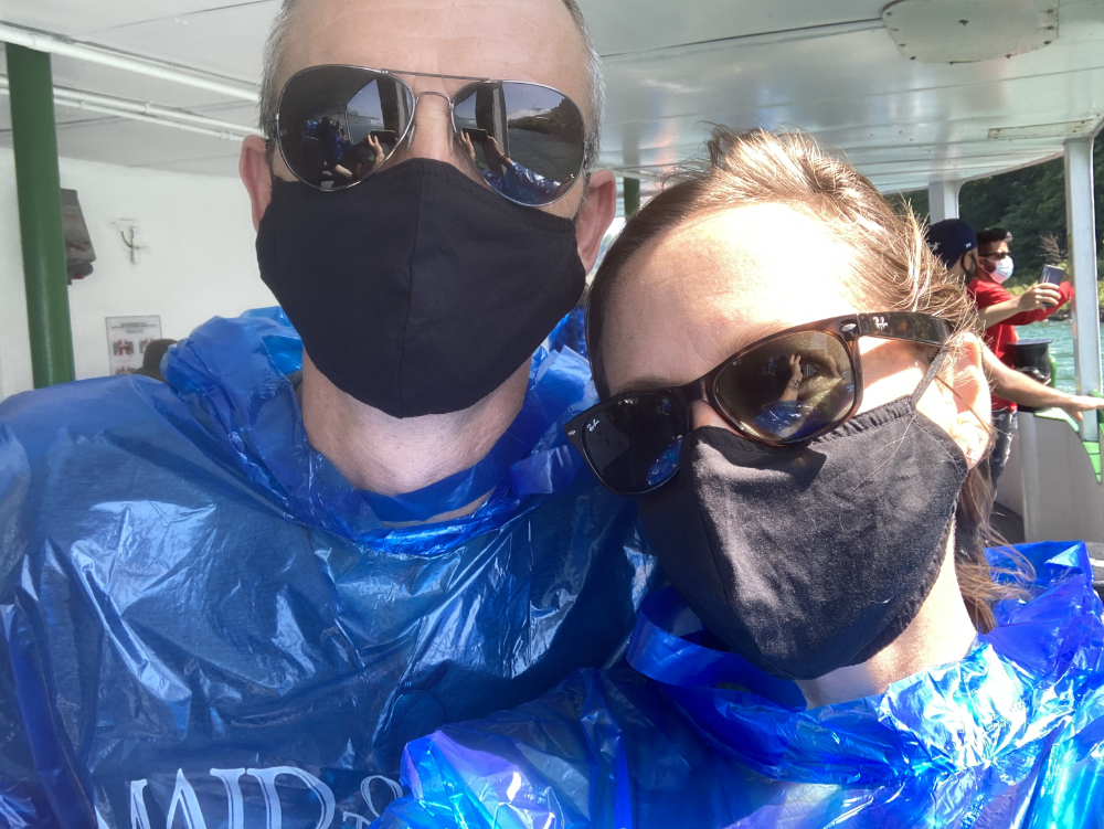 Wearing our masks and rain jackets on the boat tour of Niagara Falls NY